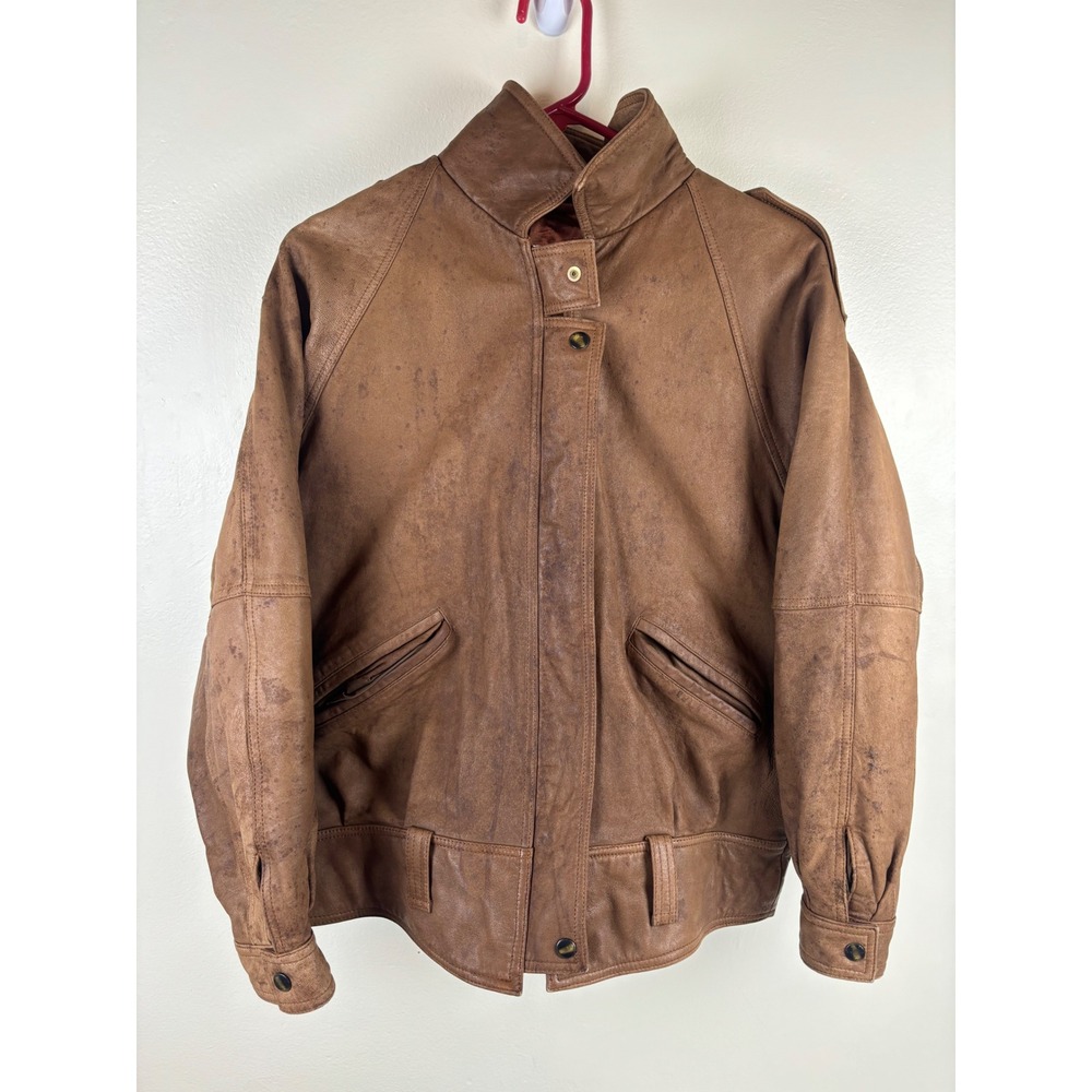 London Fog Vintage Brown Leather Bomber Jacket Mens Medium Tan Full Zip Epaulets